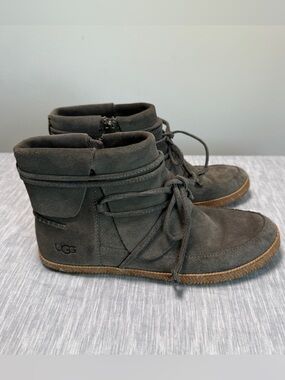 UGG Reid Suede Ankle Moc Bootie | Women’s 8 | Slate Gray | Side Zip Lace Wrap
